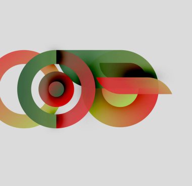 Soyut renkli şekiller örtüşür, dinamik görsel efekt yaratır. Çemberler, çizgiler harmanlanır, modern tasarım oluşur. Minimalist kompozisyon.