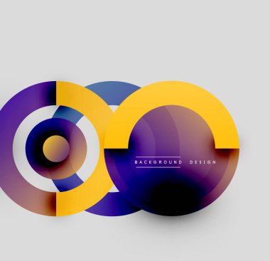 Soyut daireler çakışıyor, dinamik görsel etki yaratıyor. Mor, sarı renkler kompozisyona hakim. Modern tasarım ögesi.