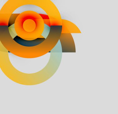 Üst üste binen daireler içeren soyut kompozisyon, turuncu renkler baskın, gradyanlar mevcut. Minimalist tasarım, modern estetik, gri arkaplan.