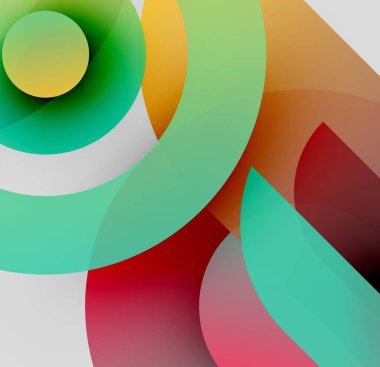 Soyut kompozisyon. Üst üste binen renkli çemberler dinamik görsel efekt yaratır. Gradyan tonlar, modern tasarım.