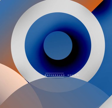 Soyut eşmerkezli çemberler. Mavi, turuncu, gri renkler derinlik yaratır. Arkaplan ve sunumlar için modern tasarım ögesi.