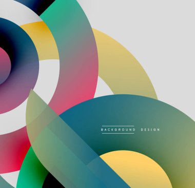 Soyut renkli çakışan daireler dinamik görsel efekt yaratır. Modern tasarım elementleri akıcılık, enerji ve yenilik önerir.