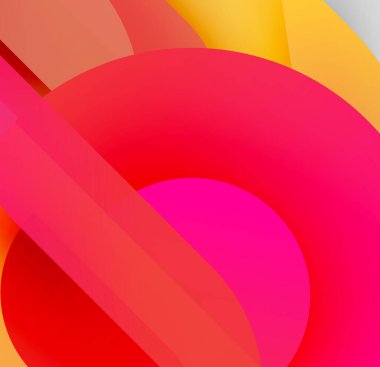 Soyut kompozisyon. Üst üste binen canlı çemberler, gradyanlar, sıcak tonlar baskın gelir. Modern tasarım, pürüzsüz geçişler, dinamik şekiller mevcut.