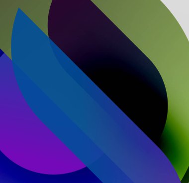 Soyut kompozisyon. Üst üste binen renkli şekiller dinamik görsel efekt yaratır. Gradyan geçişler, pürüzsüz kıvrımlar sahneye hakim..