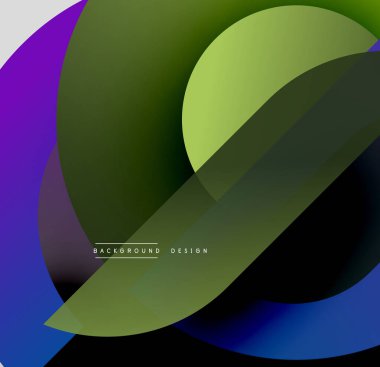 Soyut şekiller örtüşüyor, dinamik renk eğimleri yaratıyor. Tasarım mor, yeşil, mavi renklere sahiptir. Modern estetik.