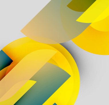 Soyut şekiller örtüşür, dinamik bileşim yaratır. Sarılar, griler, soluk yeşiller dizaynın hakimi. Minimalist estetik, modern his.