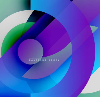 Soyut çemberler çakışıyor, canlı gradyanlar yaratıyor. Mavi, mor, yeşil renkler kompozisyona hakim. Modern tasarım ögesi.