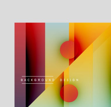 Soyut geometrik tasarım. Üst üste binen katmanlar canlı renk eğimleri, daireler, çapraz çizgiler yaratır. Modern estetik.