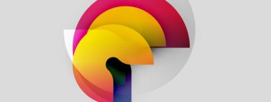 Soyut tasarım özellikleri üst üste binen renkli kavisler. Gradyan gölgeler dinamik görsel efekt yaratır. Minimalist kompozisyon, modern estetik.