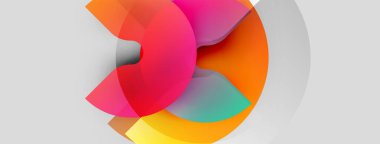 Soyut renkli şekiller örtüşür, dinamik bileşim yaratır. Yumuşak eğimler derinlik ve ışık etkileşimi olduğunu gösteriyor. Modern tasarım ögesi.