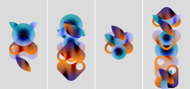 Soyut şekiller, canlı renkler, mavi, turuncu, mor renkler. Minimalist tasarım, modern estetik, dört panel kompozisyonu.