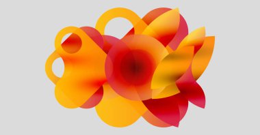 Soyut kompozisyon. Üstüste binen yarı saydam şekiller çiçek izi oluşturur. Sıcak renkler baskın, gradyanlar mevcut. Modern tasarım, basit arkaplan.