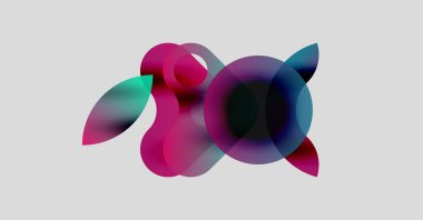 Soyut renkli şekiller örtüşür, dinamik görsel efekt yaratır. Gradyan renkler harmanlanarak modern kompozisyonu oluşturur. Işık arkaplanı canlılığı artırır.