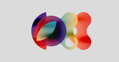 Soyut renkli şekiller örtüşür, dinamik görsel efekt yaratır. Yumuşak eğimler karışır ve sıvı bileşimi oluşturur. Işık arkaplanı canlılığı artırır.