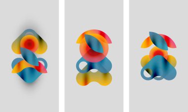 Soyut renkli şekiller örtüşür, dinamik kompozisyonlar oluşturur. Üç panelde benzer tasarımlar var. Şekilleri biraz farklı. Yumuşak eğimler baskın gelir.