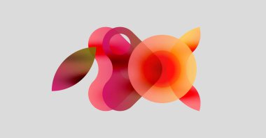 Soyut şekiller örtüşür, canlı renk karışımları yaratır. Pembe, turuncu, kırmızı renkler tarafsız arkaplanda baskın. Modern tasarım ögesi.