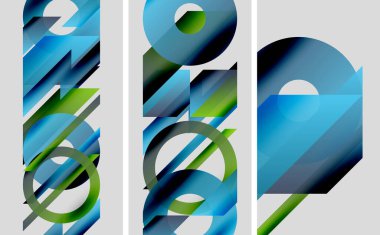 Soyut geometrik çizimler. Mavi, yeşil gradyanlar katmanlı şekiller oluşturur. Çemberler, çizgiler kesişiyor ve dinamik bileşim oluşturuyor. Modern tasarım.