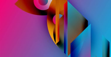 Soyut kompozisyon. Canlı renkler karışıyor, dinamik şekiller yaratıyor. Geometrik formlar çakışıyor, derinlik ve hareket öneriliyor. Modern tasarım.