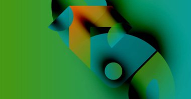 Soyut geometrik şekiller canlı renkleri harmanlarlar. Yeşil arka planda baskın, turuncu aksanlar kontrastı ekler, pürüzsüz gradyanlar mevcut.