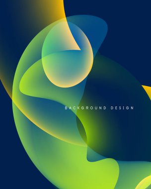 Soyut akışkan şekiller harmanlanır ve canlı gradyanlar oluşturur. Mavi, yeşil, sarı renkler tasarımda baskın. Modern estetik.