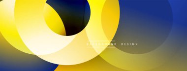 Soyut kompozisyon. Üst üste binen daireler, sarı, mavi, gri renkler dinamik görsel efekt yaratır. Modern tasarım ögesi.