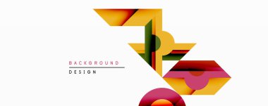 Soyut geometrik tasarım üst üste binen renkli şekiller içerir. Sarı, turuncu, kırmızı, yeşil renkler beyaz arka planda dinamik kompozisyon oluşturur. Modern tarz, temiz hatlar.