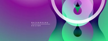 Soyut mor, yeşil eğimli. Üst üste binen daireler sıvı şekiller yaratır. Arkaplan ve sunumlar için modern tasarım.