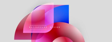 Soyut şekiller örtüşüyor, canlı renk değişimleri yaratıyor. Pembe, mavi, mor renkler beyaz zemine karşı dizaynın baskın renkleri. Modern estetik.