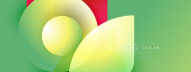 Soyut şekiller örtüşüyor, canlı yeşil, sarı, kırmızı renkler yaratıyor. Modern tasarım öğeleri akıcılık, enerji, görsel cazibe.