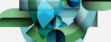 Soyut geometrik bileşim. Gözlük yeşil, mavi baskın. Şekiller çakışıyor, dinamik görsel etki yaratıyor. Modern tasarım.