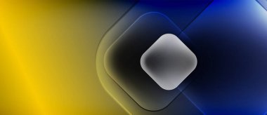 Soyut kompozisyon. Sarı, maviye karışıyor. Merkezi elmas şekli parlıyor, gölgeler ve gradyanlarla kaplı. Modern tasarım elemanları.