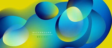 Soyut sıvı şekilleri örtüşür, canlı gradyanlar yaratır. Sarı, mavi renkler dizaynın baskın rengidir. Hareketi ve enerjiyi işaret eder. Arkaplan metni mevcut.