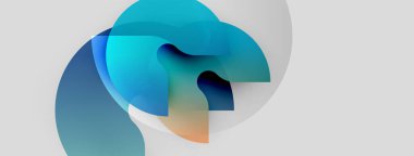 Soyut sıvı şekilleri üst üste binerek dinamik bileşim oluşturur. Renkler mavileri, portakalları, beyazlar hareketi, enerjiyi harmanlıyor. Minimalist tasarım.