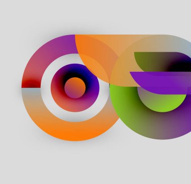 Soyut renkli şekiller örtüşür, dinamik görsel kompozisyon yaratır. Çemberler, kıvrımlar, gradyanlar dizaynın hakimi. Modern estetik.