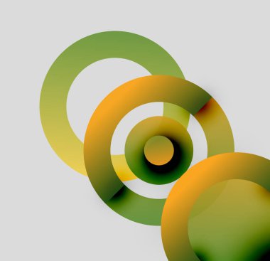 Soyut çemberler çakışıyor, canlı gradyanlar yaratıyor. Yeşil, turuncu renkler nötr arka plana hakim. Minimalist tasarım, modern estetik.