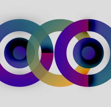 Soyut daireler örtüşür, canlı renk karışımları yaratır. Mavi, mor, yeşil ve altın arasında değişen tonlarda. Modern tasarım, basit geometri.