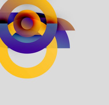 Üst üste binen daireler, canlı renkler, altın sarısı, mor renkler içeren soyut kompozisyon. Minimalist tasarım, modern estetik, gri arkaplan.