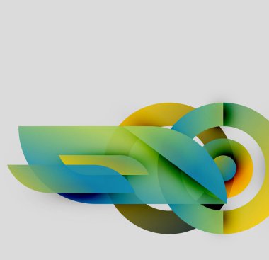 Soyut renkli şekiller örtüşür, dinamik görsel efekt yaratır. Gradyanlar sarı, yeşil, mavi renkleri harmanlarlar. Minimalist tasarım.