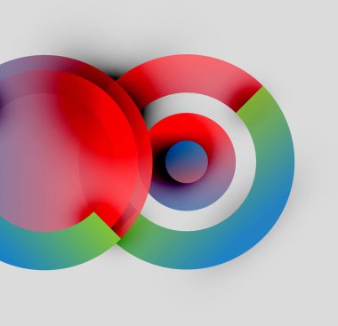 Soyut tasarım özellikleri üst üste binen renkli daireler. Kırmızı, beyaz, mavi, yeşil renkler dinamik görsel efekt yaratır. Modern, minimalist kompozisyon.