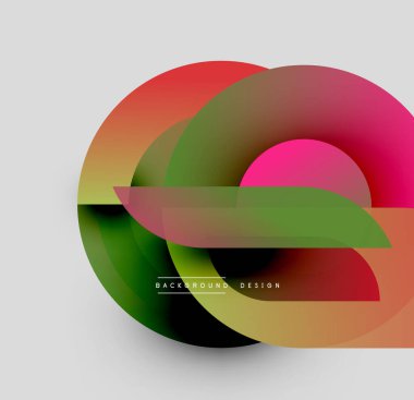 Soyut renkli çakışan daireler dinamik bileşim oluşturur. Gradyan renkler harmanlanarak modern görsel deneyimi oluşturur. Mevcut en küçük metin.