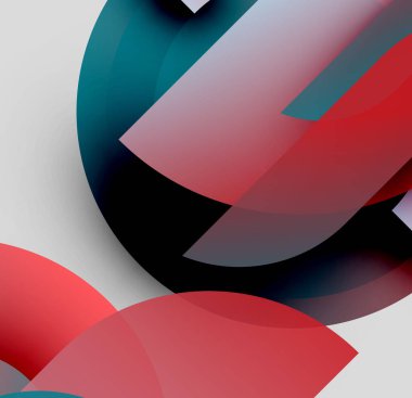 Soyut şekiller örtüşür, dinamik bileşim yaratır. Kırmızı, deniz mavisi, siyah renkler tasarımda baskın. Yumuşak eğimler derinlik ve hareket önerir.
