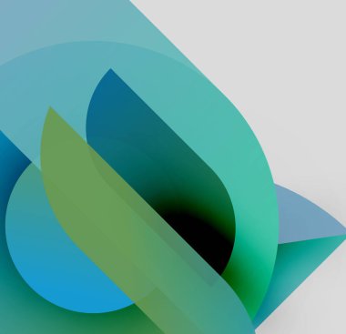 Soyut kompozisyon. Üst üste binen şekiller dinamik görsel efekt yaratır. Güzel renk paleti tasarıma hükmediyor. Minimalist estetik.