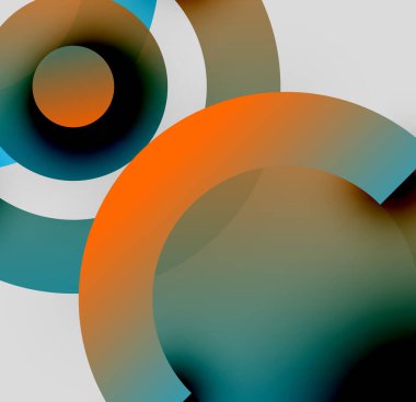 Üst üste binen daireler içeren soyut kompozisyon. Sıcak turuncu serin deniz mavisi ile zıtlaşır ve dinamik görsel efekt yaratır. Minimalist tasarım.