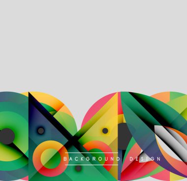 Soyut renkli şekiller örtüşür, dinamik görsel efekt yaratır. Gri alan karşıtlık ve modern estetik sağlar.