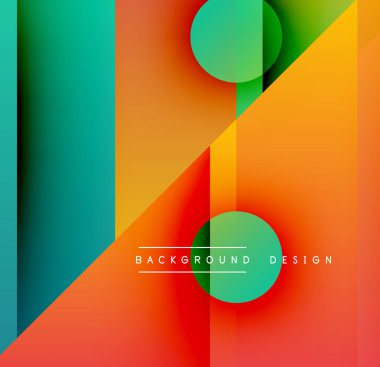 Soyut geometrik tasarım. Canlı gradyanlar, üst üste binen şekiller modern görsel etki yaratır. Metin arkaplan tasarımı okur.