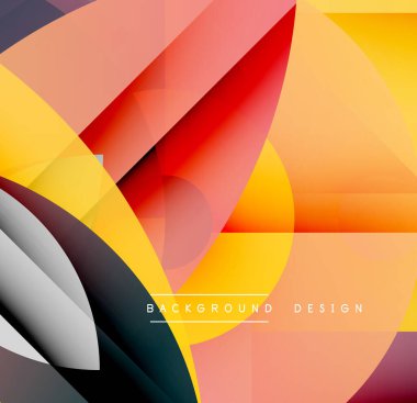 Soyut geometrik şekiller örtüşüyor, canlı renk eğimleri yaratıyor. Sıcak tonlar baskın, siyah aksanlar ise kontrast ekliyor. Modern tasarım ögesi.