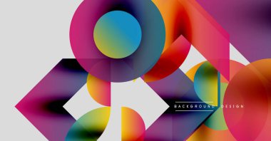 Soyut renkli şekiller örtüşür, dinamik görsel efekt yaratır. Parlak gradyanlar, daireler, üçgenler modern tasarımı oluşturur..
