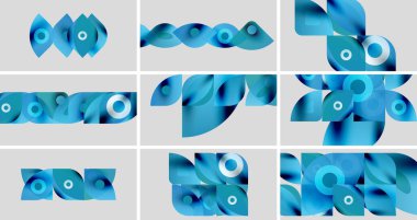 Izgaraya dizilmiş soyut mavi şekiller. Düz kıvrımlar, daireler dinamik kompozisyonlar yaratır. Modern tasarım elemanları.