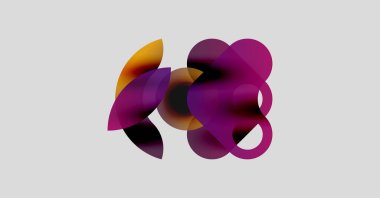 Soyut şekiller örtüşür, canlı renk karışımları yaratır. Mor, turuncu, siyah renkler nötr arka plana hakim. Modern tasarım.