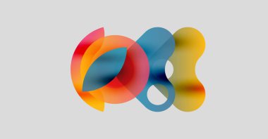 Soyut renkli şekiller örtüşür, dinamik görsel kompozisyon yaratır. Yumuşak eğimler akıcılık, hareket, modern tasarım.